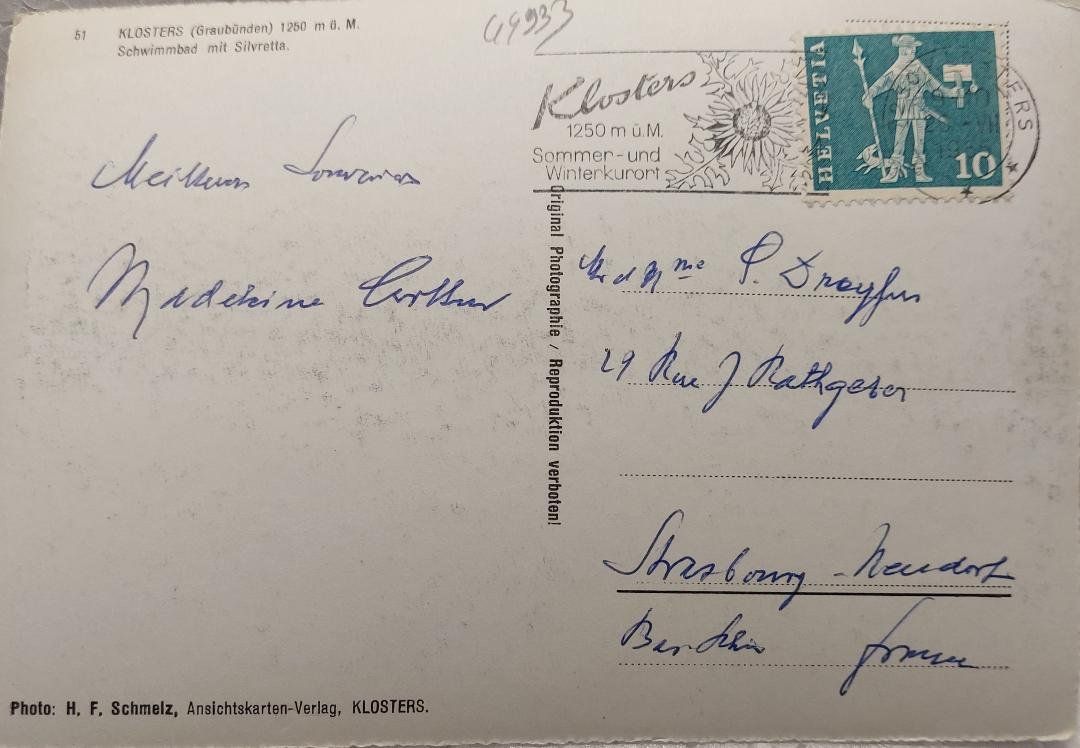 Cartoline postali: KLOSTERS - Schwimmbad mit Silvretta - 1965 – Usato da Delémont venduto da Domdom1 1