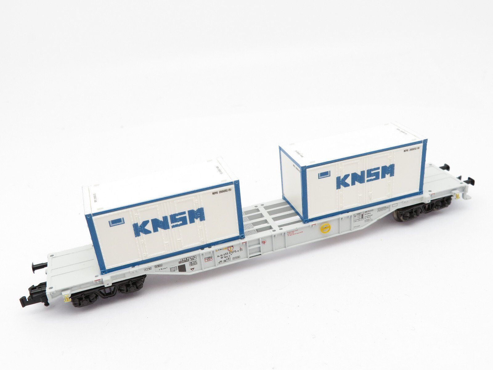 Fleischmann Modellini di ferrovie: Minitrix Spur N 4achs. Flachwagen mit 2x Container "KNSM" – Usato da Unterengstringen venduto da b.kaiser81 1