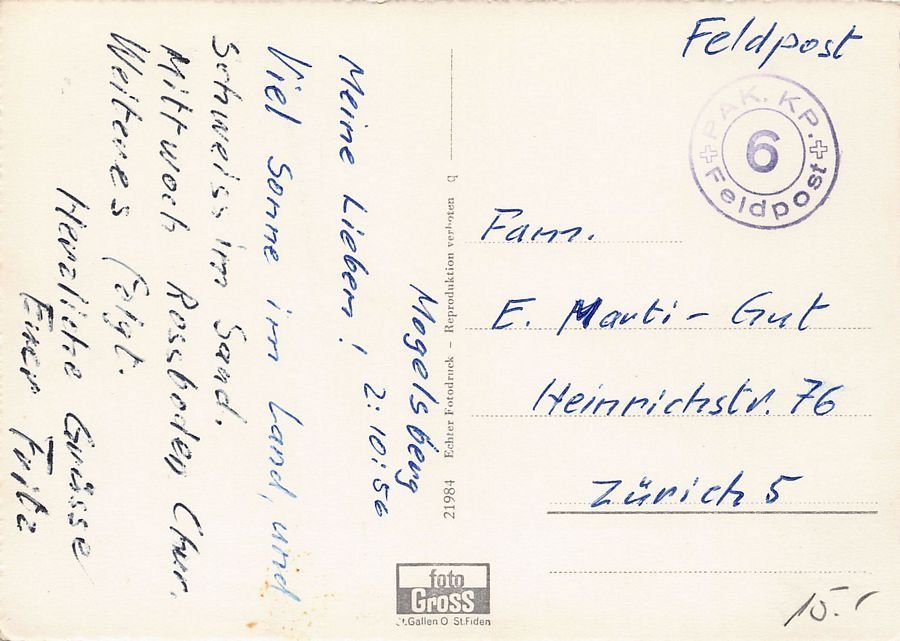 Cartoline postali: Mogelsberg, Feldpost 1956 PAK. KP. 6 – Usato da Frauenfeld venduto da POML 1