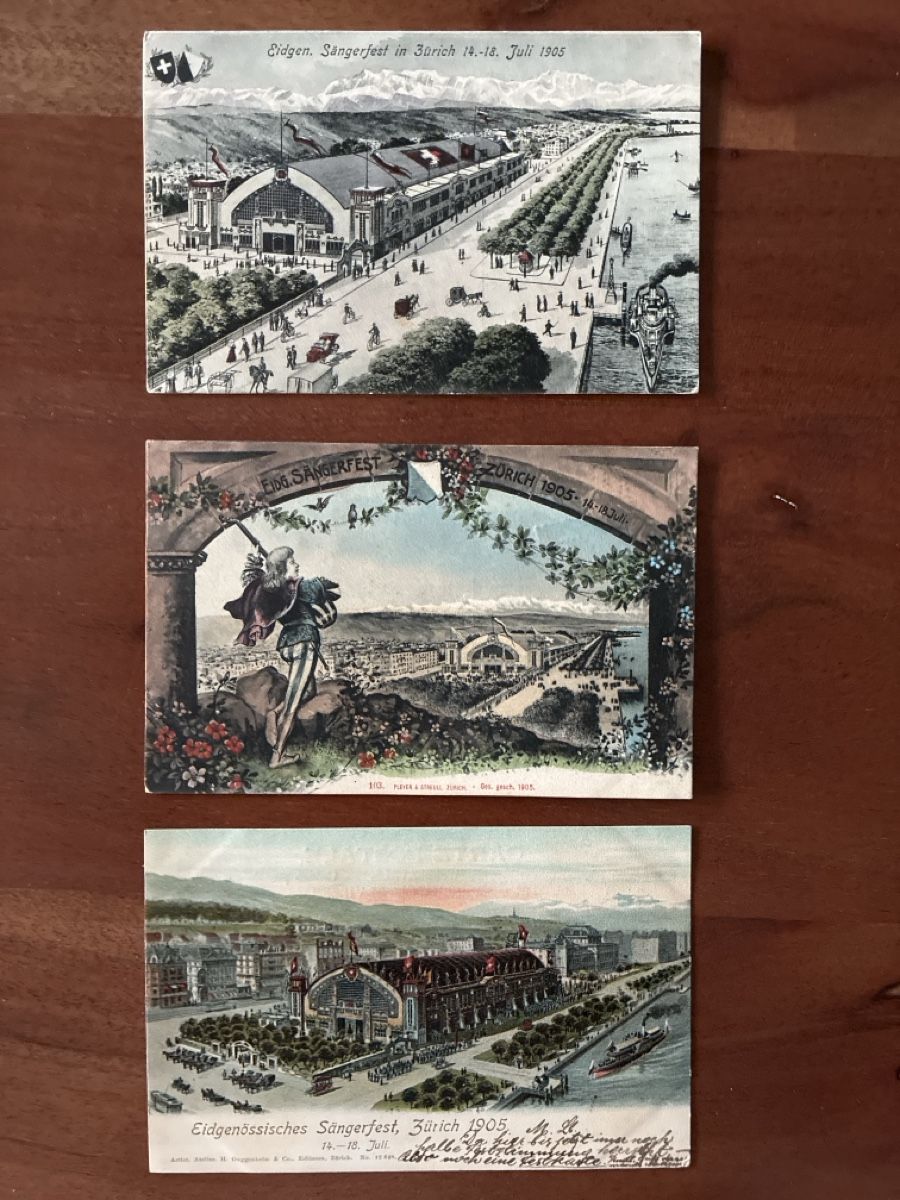 Ansichtskarten: 3 Ansichtskarten Eidg Sängerfest Zürich 1905 – Gebraucht aus Oftringen von Cla.vD.74