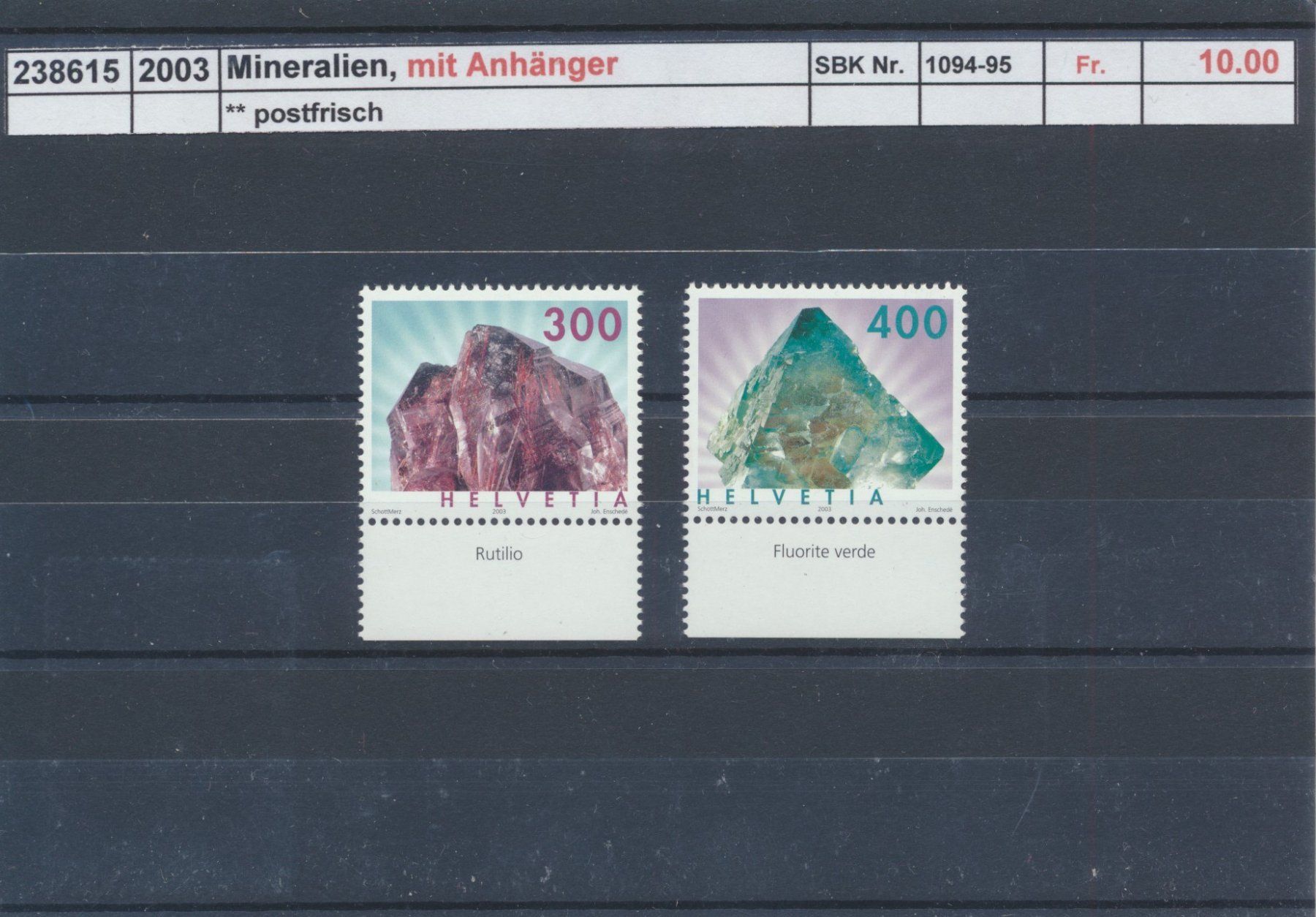 Tutti i francobolli: 2003 "Mineralien mit Anhänger", ** postfrisch – Nuovo (secondo la descrizione) da Winterthur venduto da Zupogeru