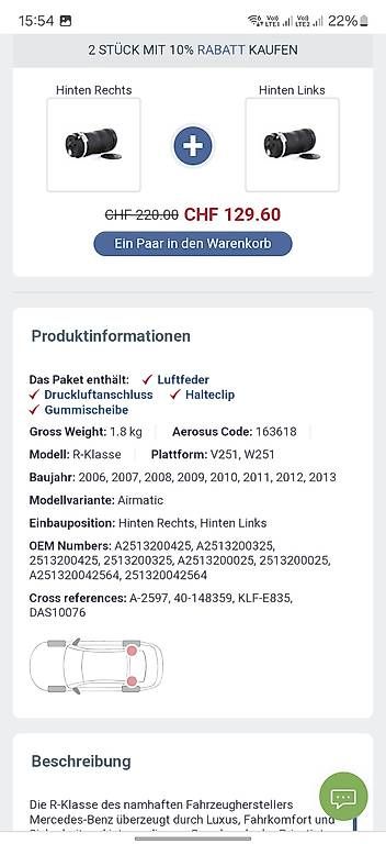 Tutti pezzi di ricambio auto: Luftfederung Mercedes R klass w251 – Usato da Emmenbrücke venduto da ermini 4