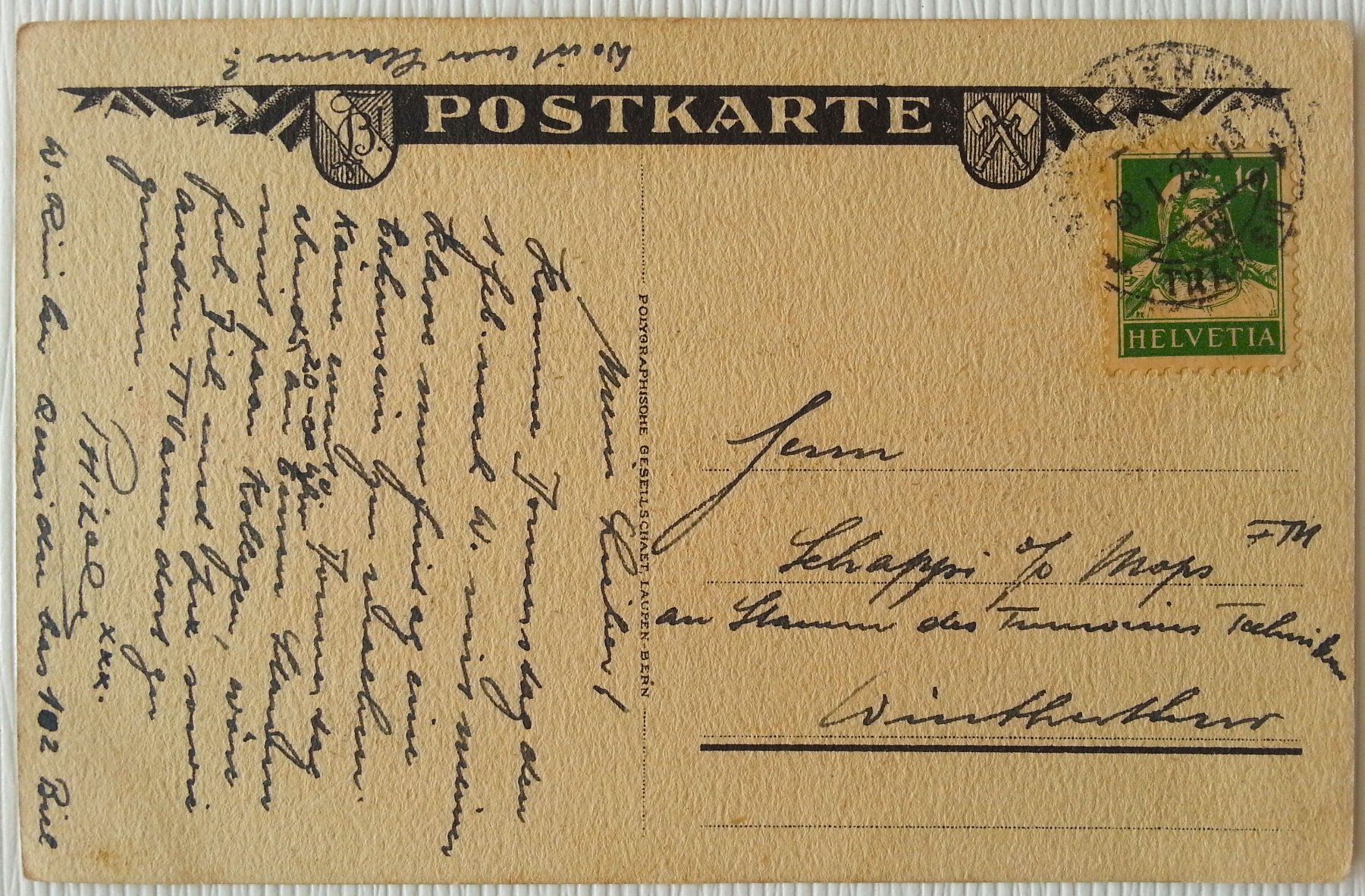 Ansichtskarten: AK TURNVEREIN TECHNIKUM BIEL, 1923 – Gebraucht aus Oberriet SG von Manick 1