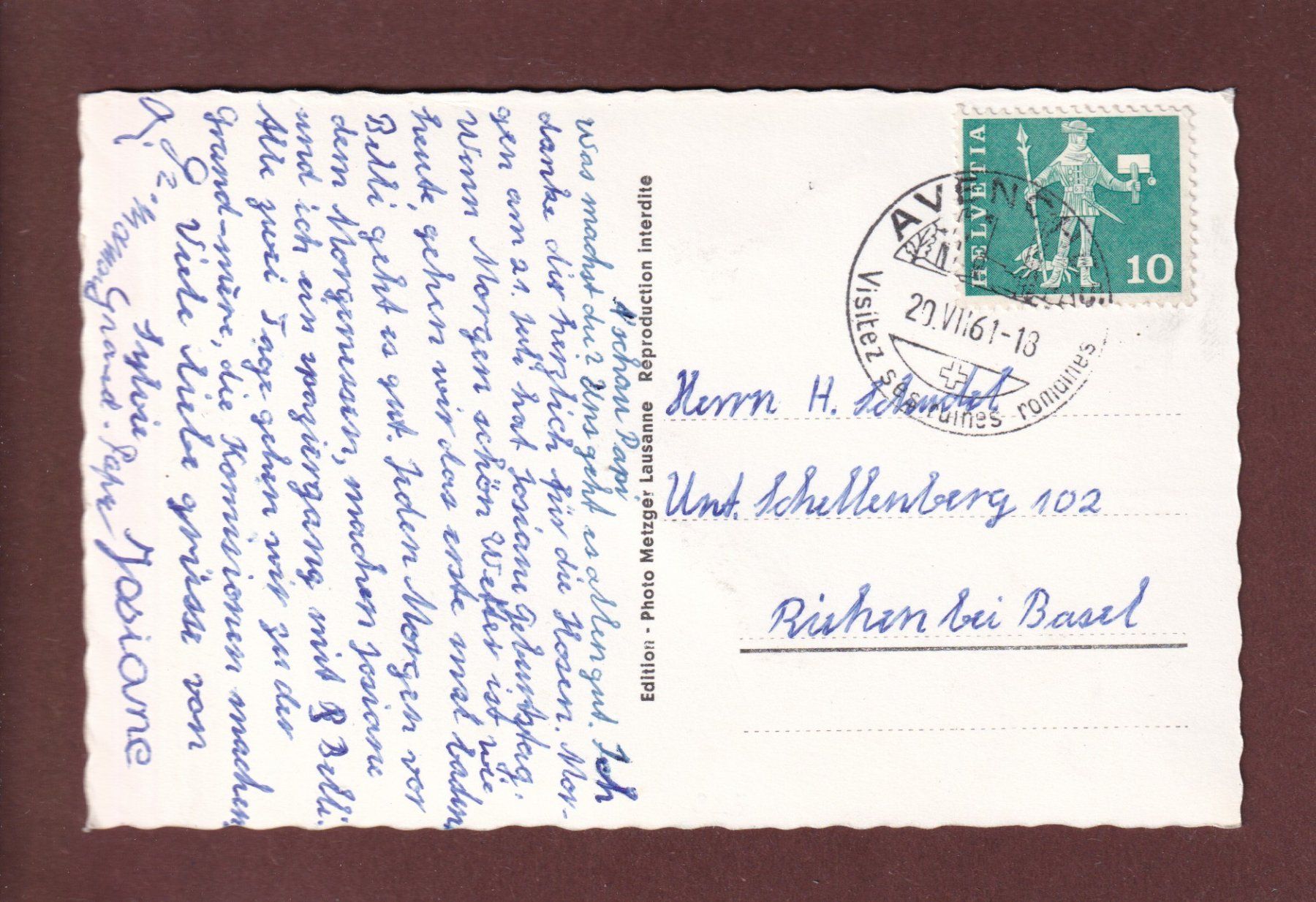 Cartoline postali: AVENCHES - Le Temple - Auto - 1961 – Usato da Pully venduto da nicecards 1