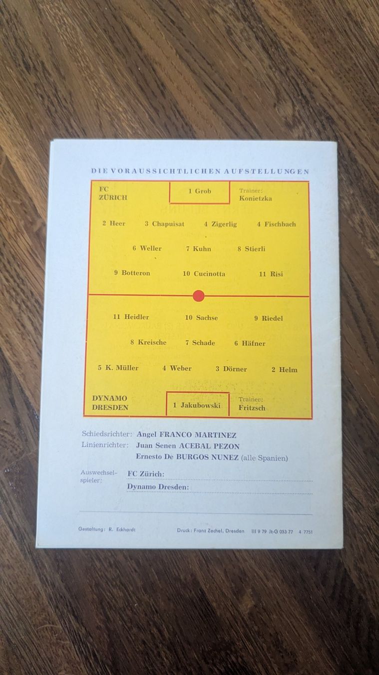 Dokumente: Fc Zürich - Dynamo Dresden Matchprogramm 16 März 1977 – Gebraucht aus Zürich von DebsBre 1