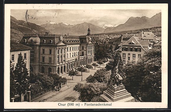 Cartoline postali: Chur, Teilansicht mit Fontanadenkmal aus – Usato da Berlin venduto da bartko-reher