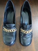 Tahari Black Leather Loafers with Gold Chain - Size 37-38