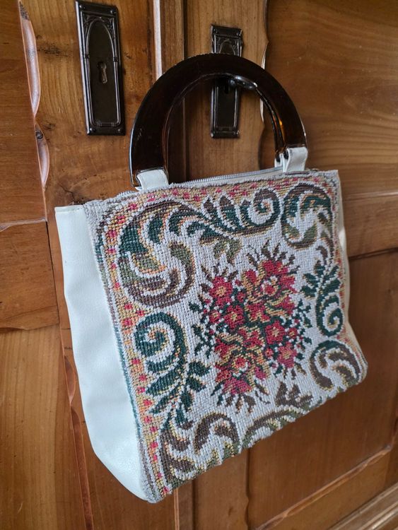 antik vintage stoffe accessoires taschen beuteltaschen Vintage bestickte Stoff Hand Tasche Horn Bügel (Gebraucht) in