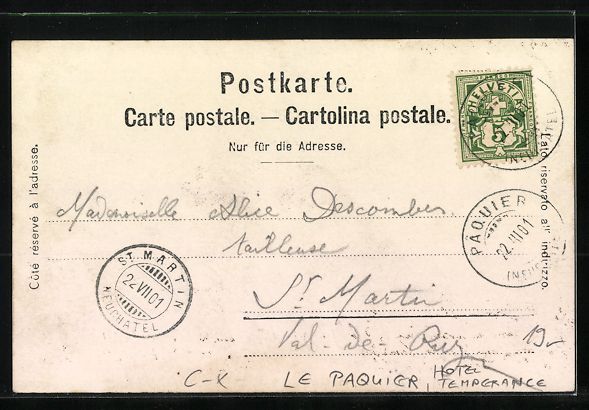 Cartoline postali: AK Le Paquier, Hotel Temperance, 1901 – Usato da Berlin venduto da bartko-reher 1