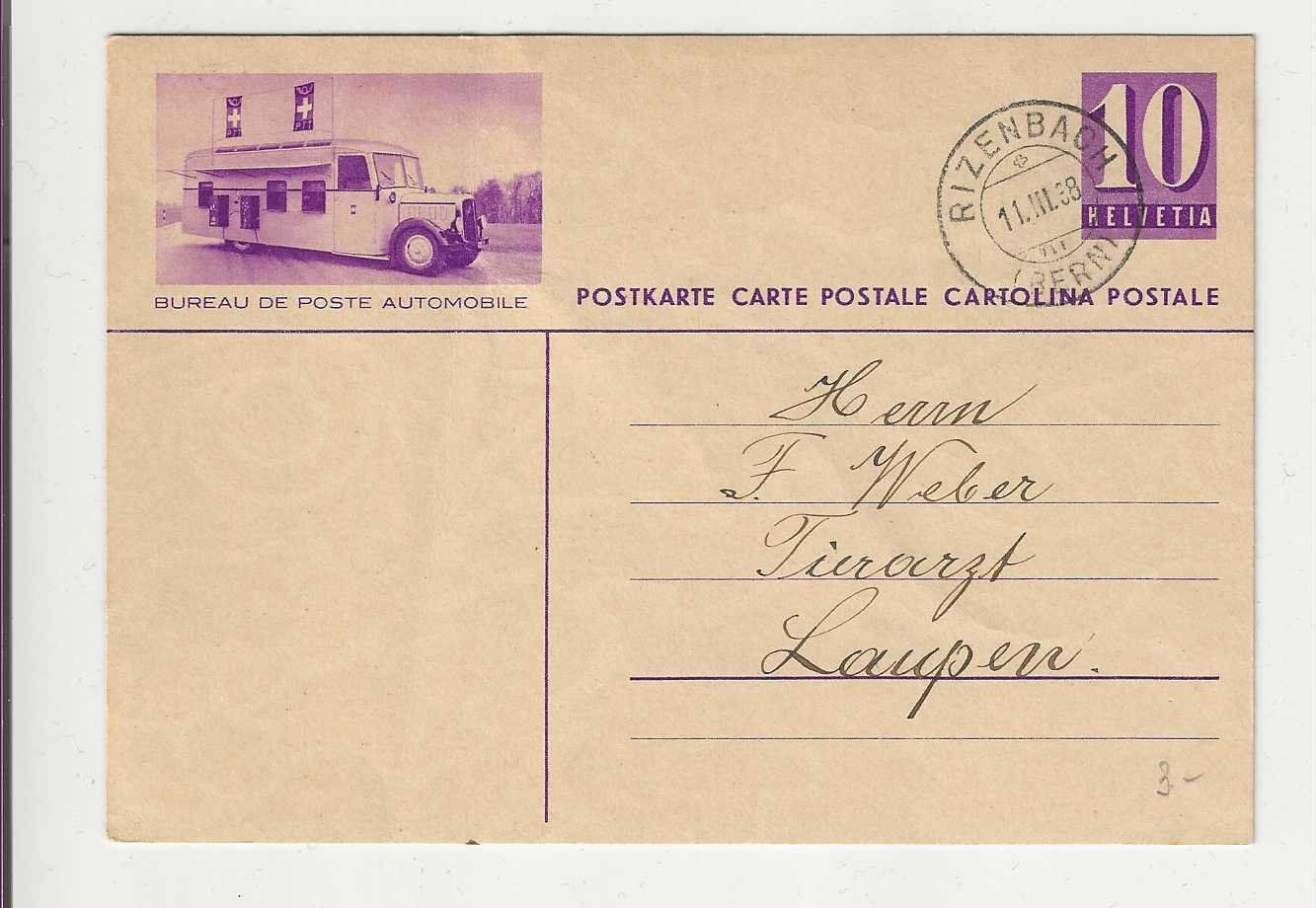 Cartoline postali: Postkarte, Automobil-Postbureau, 1938 – Usato da Spiez venduto da Niesen20