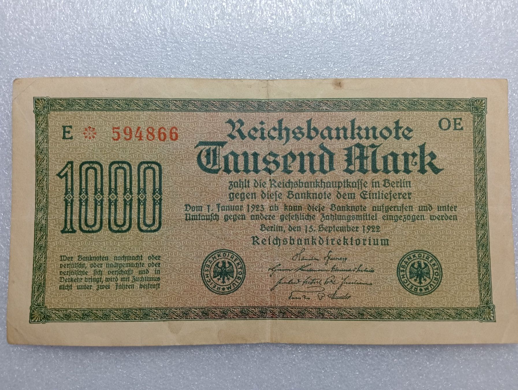 Banconote: 1000 Mark Reichsbanknote, Berlin Dezember 1922 – Usato da Zürich venduto da sendbad