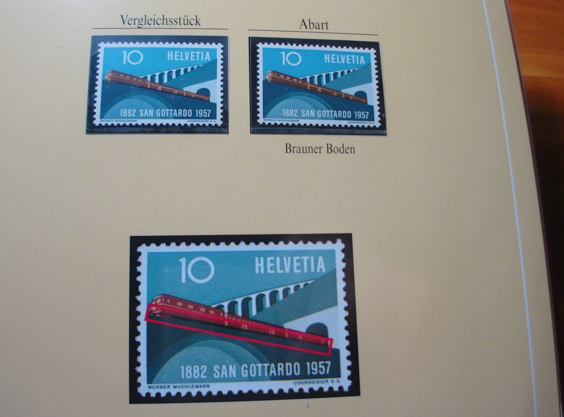 Alle Briefmarken: Abart Gotthardbahn 1957, **, "Brauner Boden" – Gebraucht aus Niederwil AG von morostahu