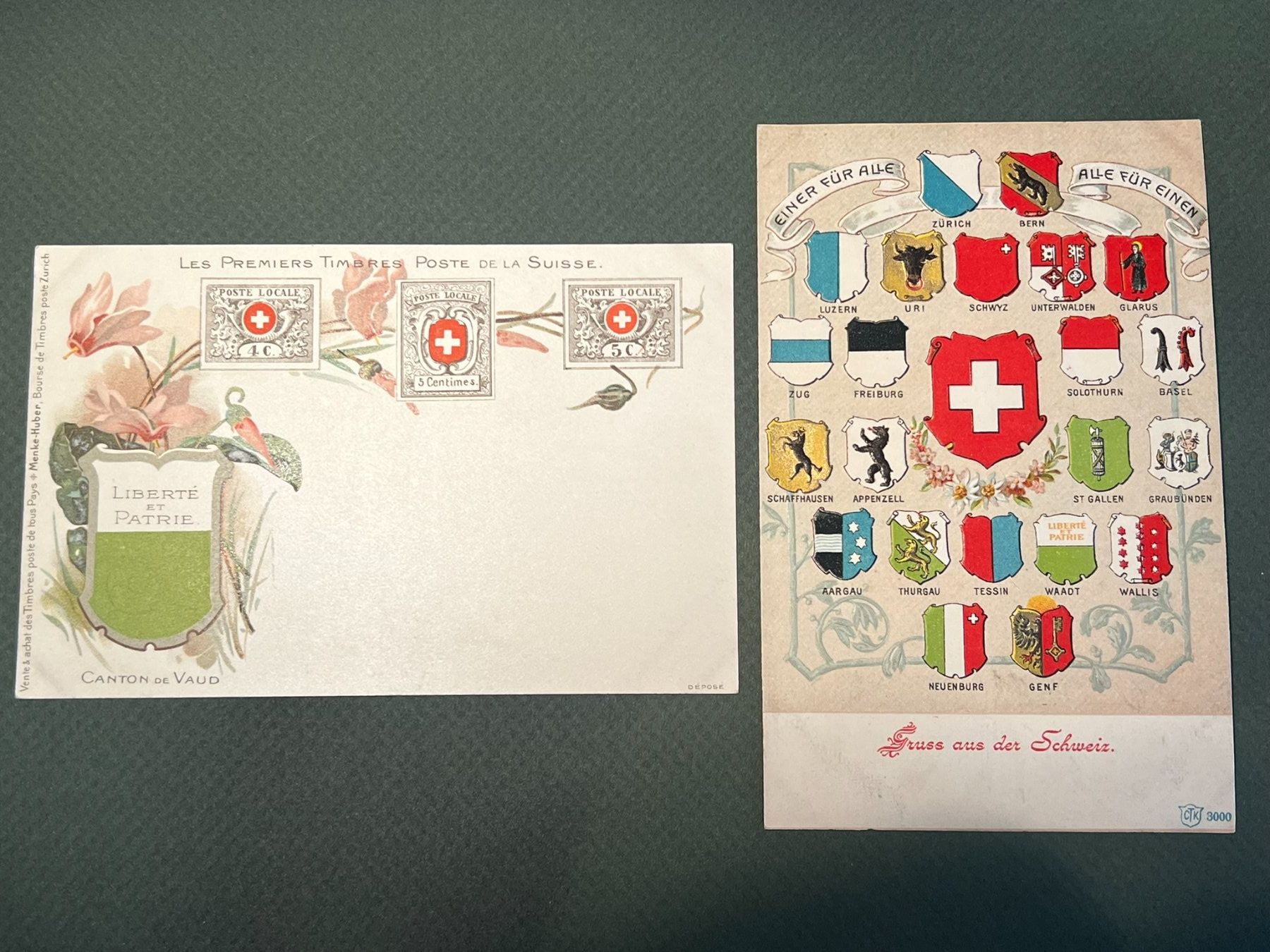 Cartoline postali: 2 AK (ca. 1900) Schweizer Wappen  + Canton de Vaud – Usato da Ebikon venduto da altiplano