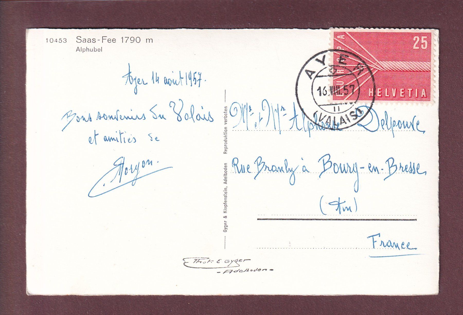 Cartoline postali: SAAS-FEE - Alphubel - 1957 – Usato da Pully venduto da nicecards 1