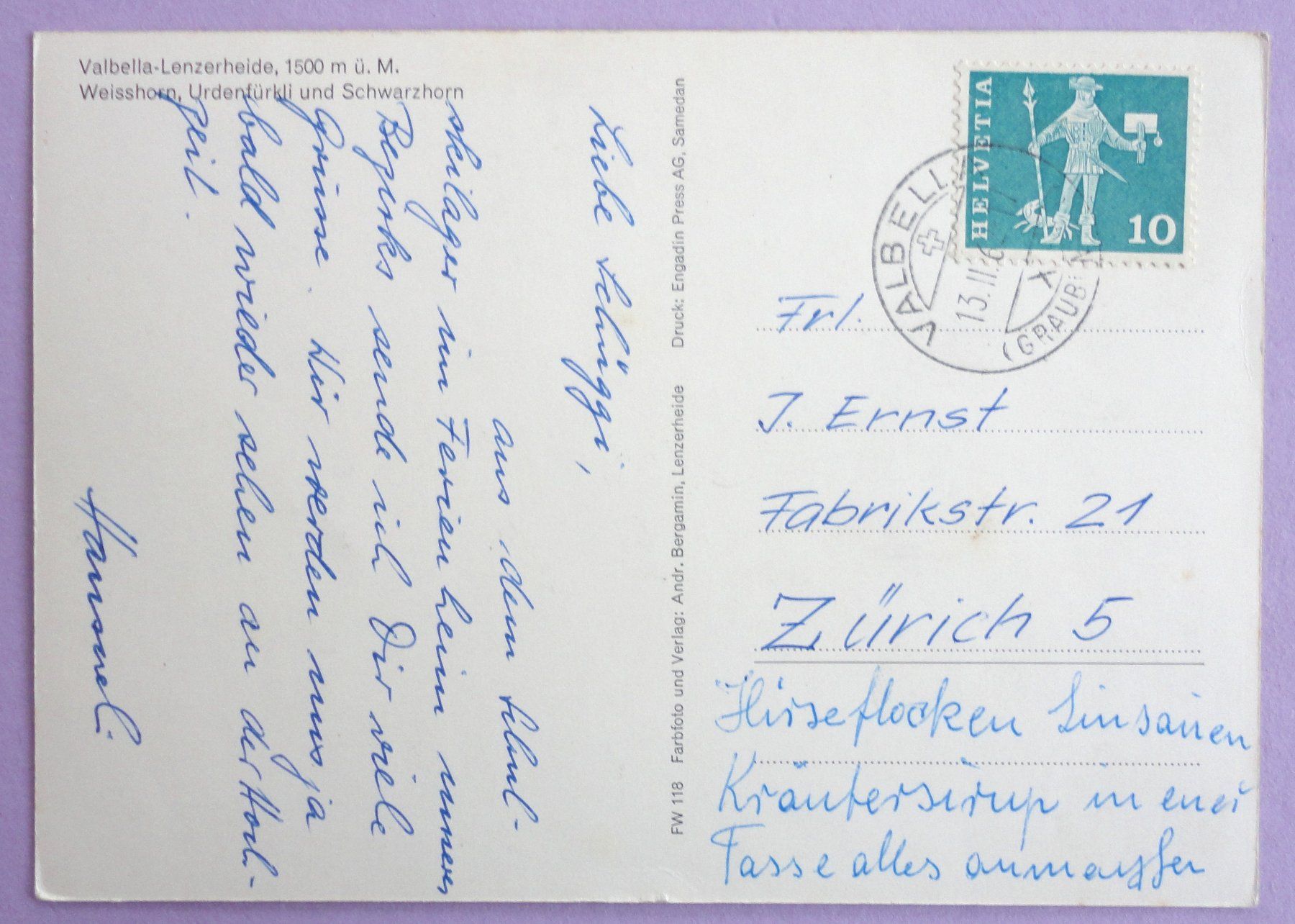 Cartes postales: Valbella-Lenzerheide 1500 m ü.M. – D'occasion à Fétigny par Billy2miny 1