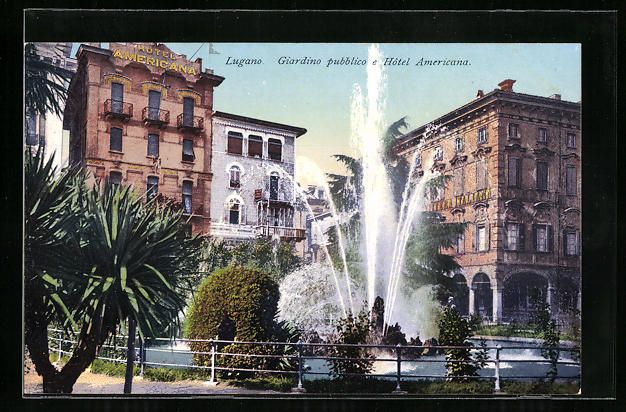 Cartoline postali: Lugano, Giardino pubblico e Hotel Americ – Usato da Berlin venduto da bartko-reher