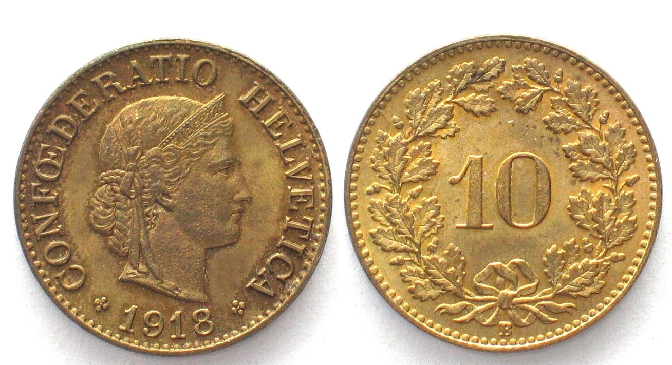 Tutti le monete: CH 10 Rappen 1918 Messing FDC!!! stgl – Usato da Riehen venduto da sesambestcoins2004
