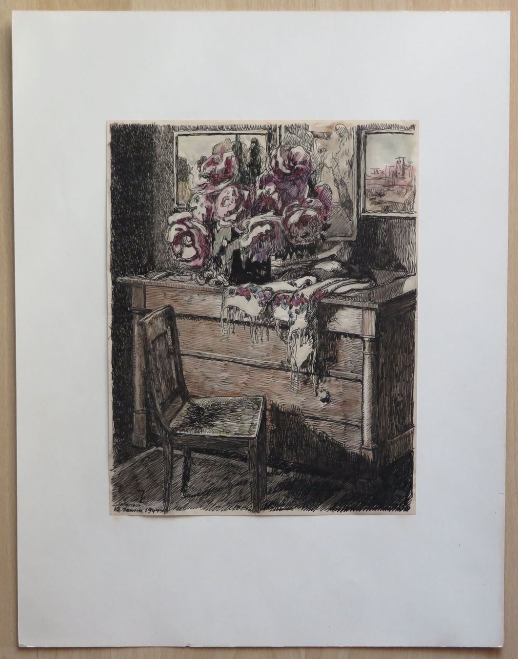 Dipinti: Jacques Jacobi: "Intérieur" (II), Tuschezeichnung 1944 – Usato da Oberriet SG venduto da Manick 1