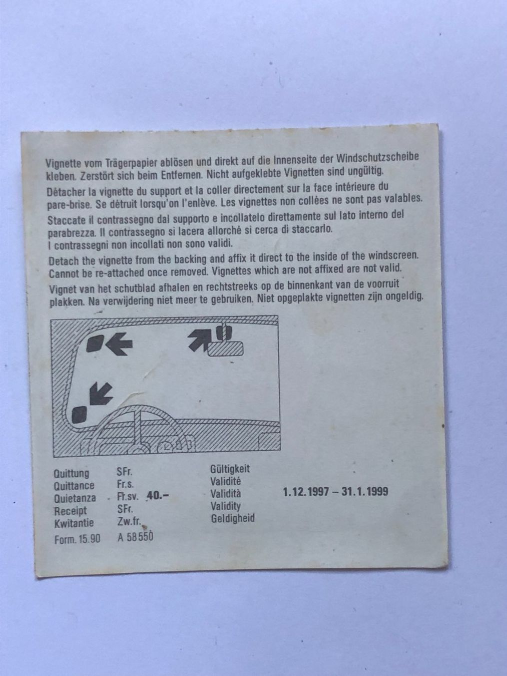 Vignette autostradali: Autobahnvignette 1998 – Usato da Ganterschwil venduto da ganterb 1