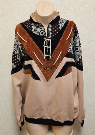 Unisex Pullover mit Ethno-Muster & Schnürung – Braun/Beige