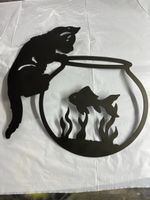 Wanddekoration Metall Katze und Fischglas neuwertig