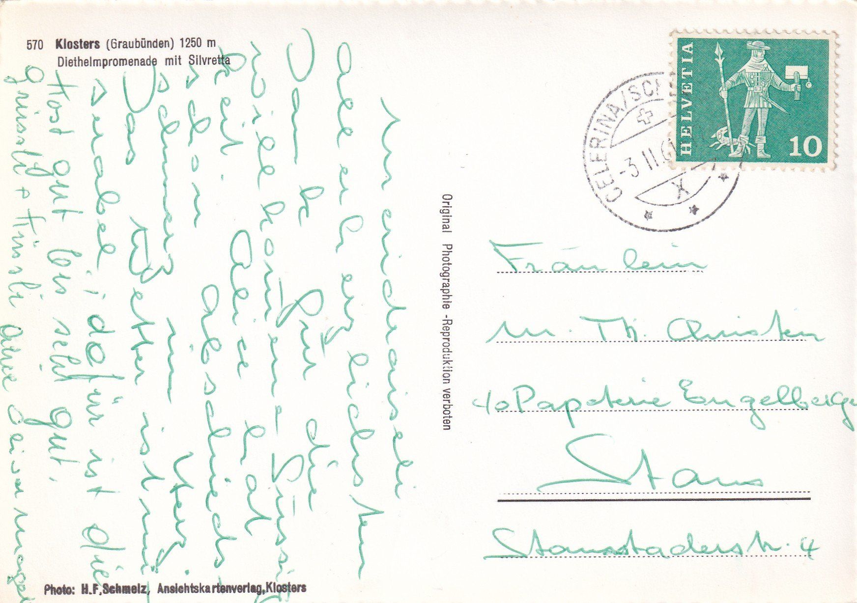 Cartoline postali: Klosters Diethelmpromenade mit Silvretta – Usato da Olten venduto da clotaldi 1