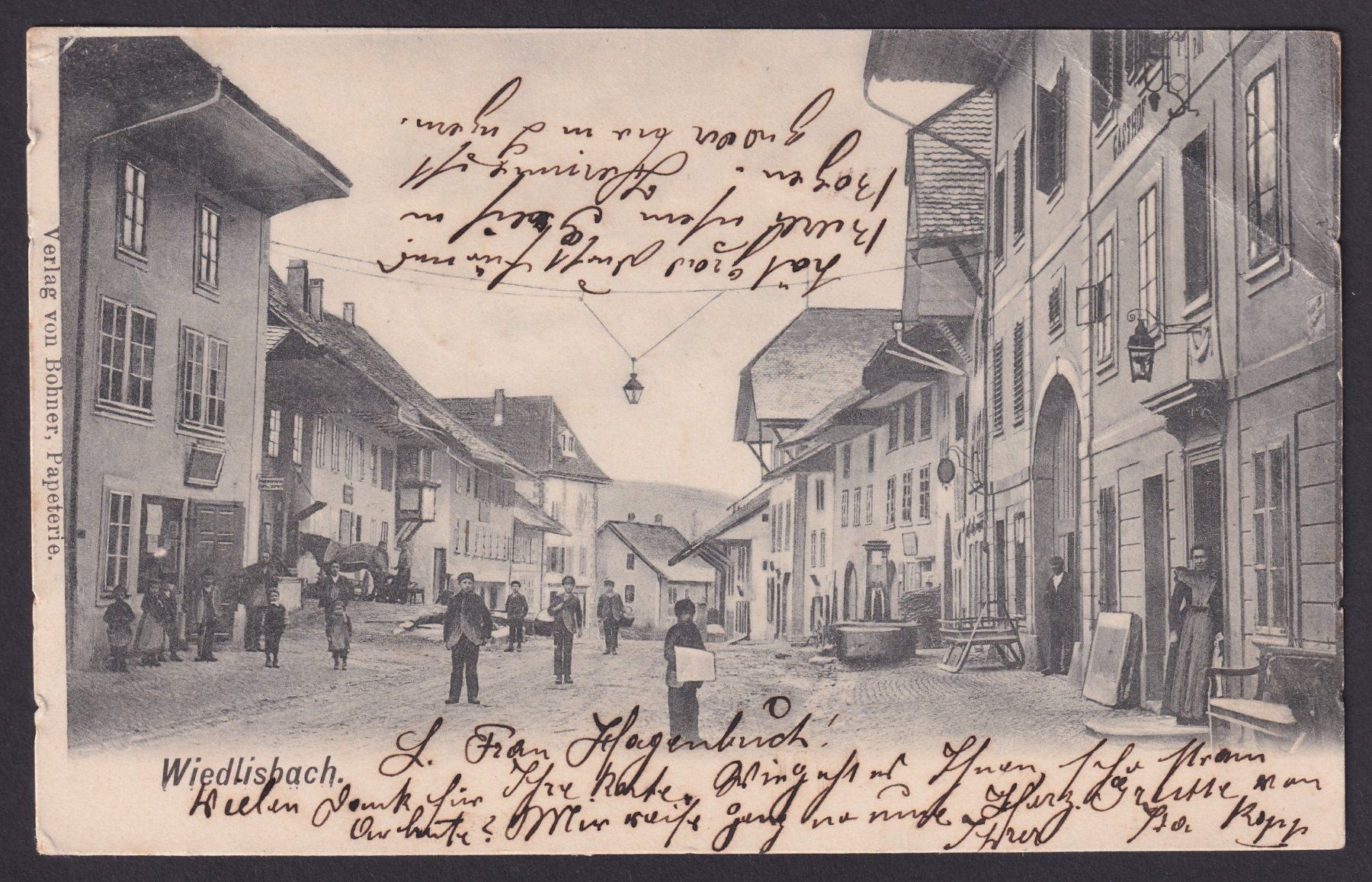 Cartoline postali: WIEDLISBACH 1903, uralte Ansichtskarte, Dorfmitte, belebt – Usato da Ebikon venduto da SilvioFreund