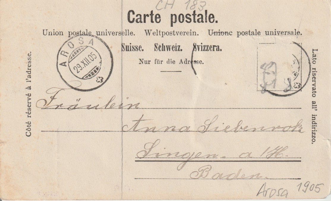 Ansichtskarten: CH 183 Gruss aus Arosa, 1905 – Gebraucht aus Freienbach von Bhaltis 1