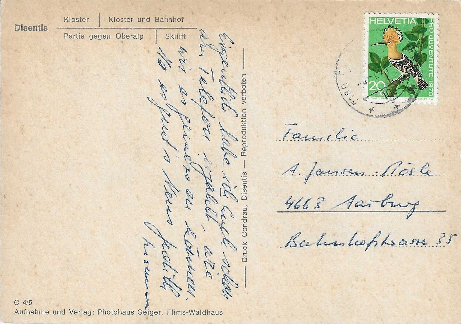Cartoline postali: Disentis GR – Usato da Rothrist venduto da Stranglehold 1
