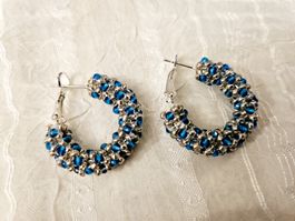 Elegante Creolen Ohrringe Blau/Silber Handmade