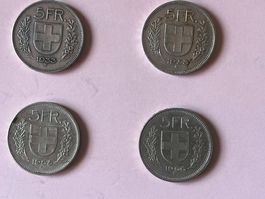 4x 5 Francs pièce Suisse 1953, 1955, 1965, 1966