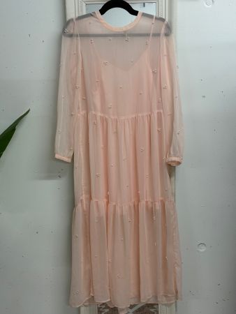 Kleid langarm rosa mit Perlen Gr. XS Maxikleid transparent