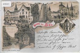 Gruss aus Biel - Burg, Schloss Nidau, Schlucht - Litho 1899