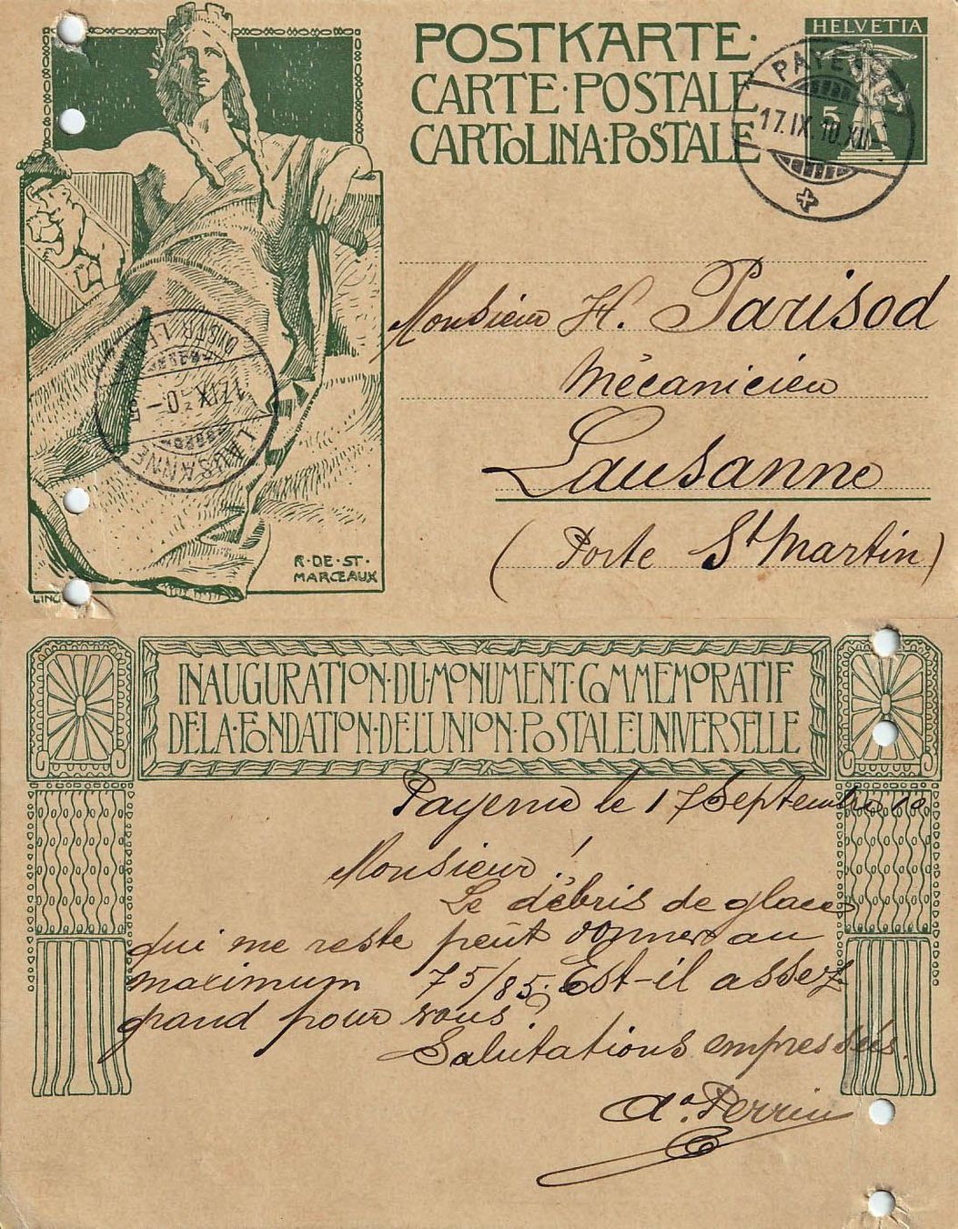Tutti i francobolli: 1910 Postkarte Payerne-Lausanne – Usato da Arlesheim venduto da gaugi43