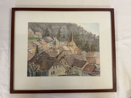 Peinture R. Nicole 1999 village suisse aquarelle signée 
