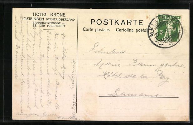 Cartoline postali: Meiringen, Hotel Krone, Bahnhofstrasse – Usato da Berlin venduto da bartko-reher 1