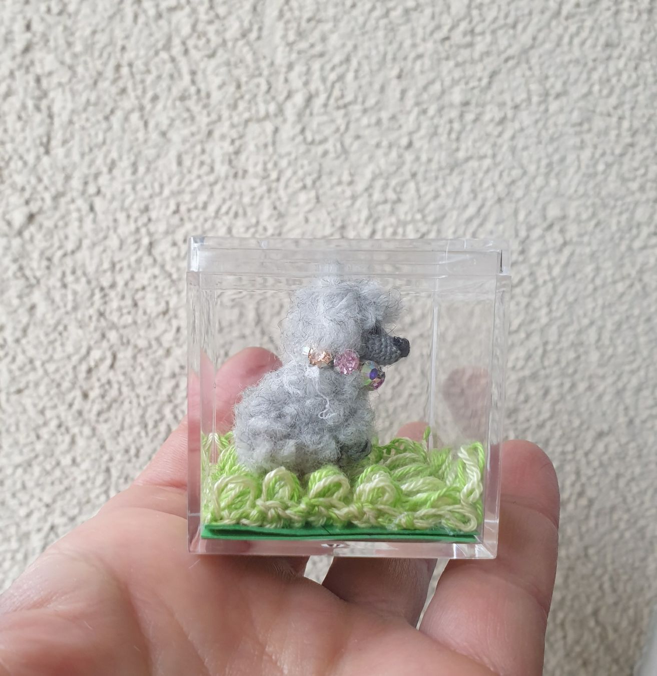 Statuette: Handgehäkelte Miniatur eines Pudels 3 cm in einer Acrylbox – Nuovo (secondo la descrizione) da Gelterkinden venduto da Macrameed 2