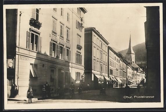 Cartoline postali: AK Chur, Poststrasse mit Hotel Lukmanier – Usato da Berlin venduto da bartko-reher
