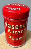 Winzige kleine alte Blechdose Probe Körperpuder VASENOL