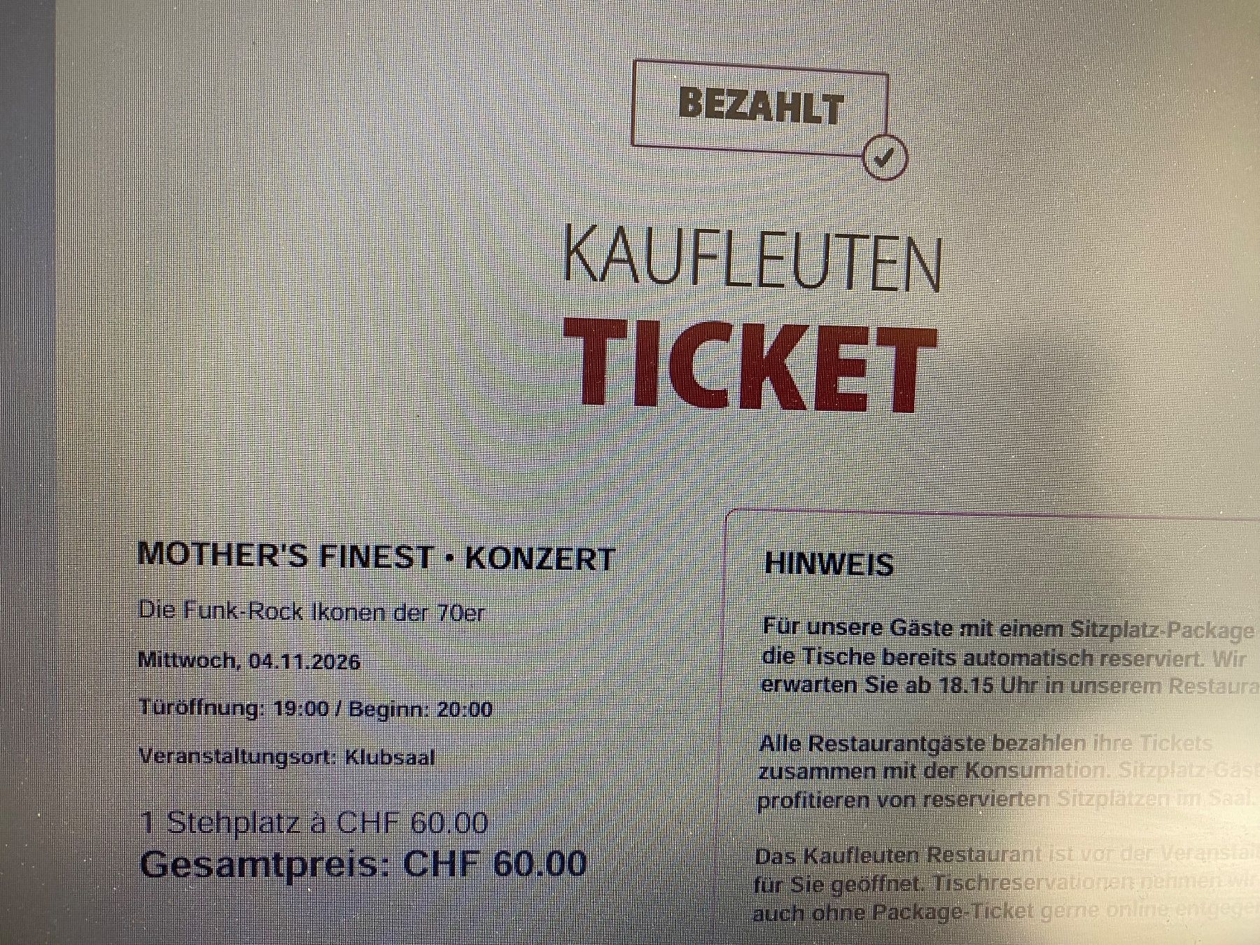 Biglietti: Konzert Mothers Finest – Nuovo (secondo la descrizione) da Wohlen AG venduto da urs_sds2