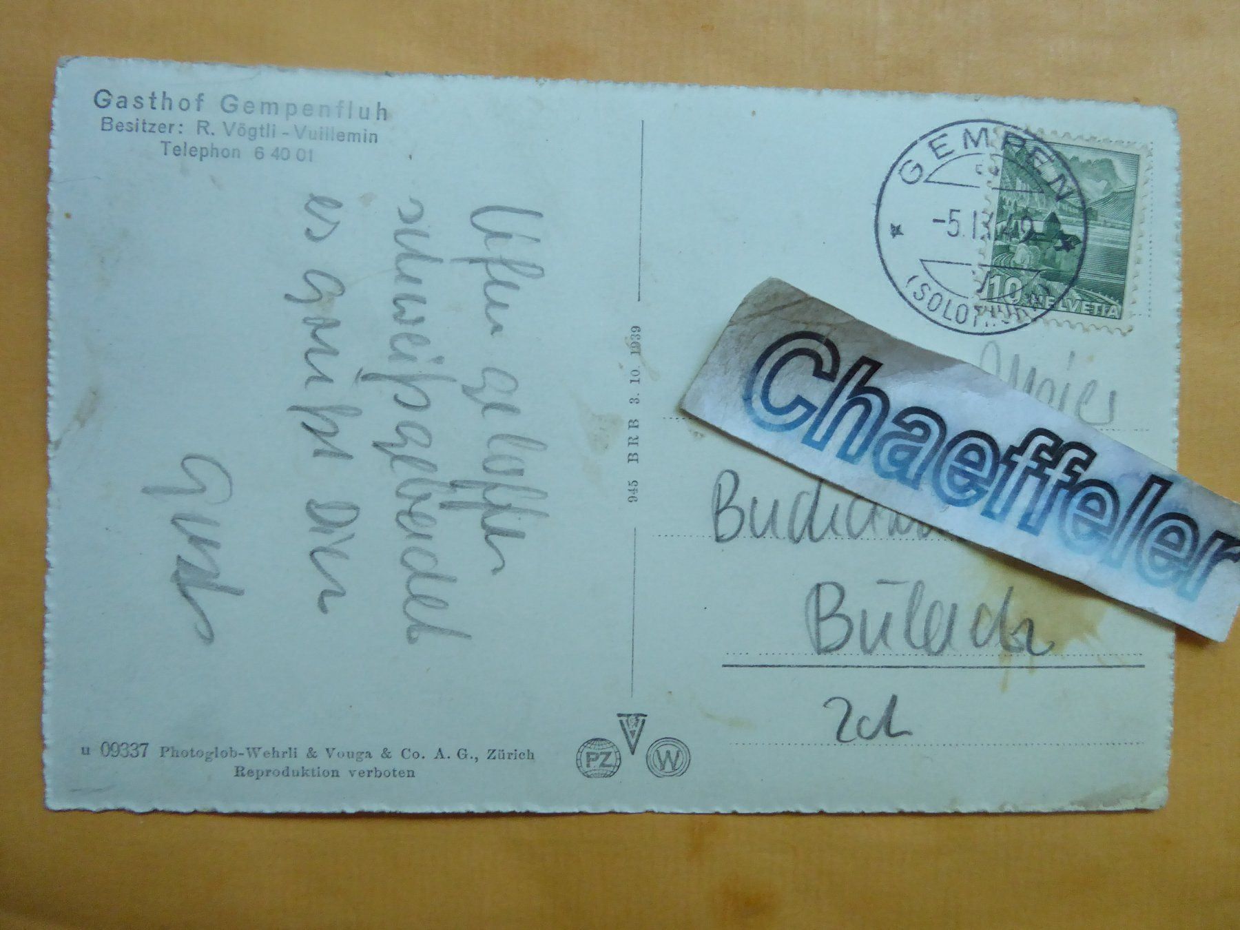 Cartoline postali: 1949 Gasthof Gempenfluh – Usato da Zürich venduto da Chaeffeler 1
