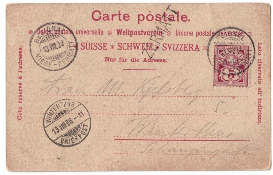 Cartoline postali: Lac de Riffel et le Cervin, circulée 1898 – Usato da Frauenfeld venduto da POML 1