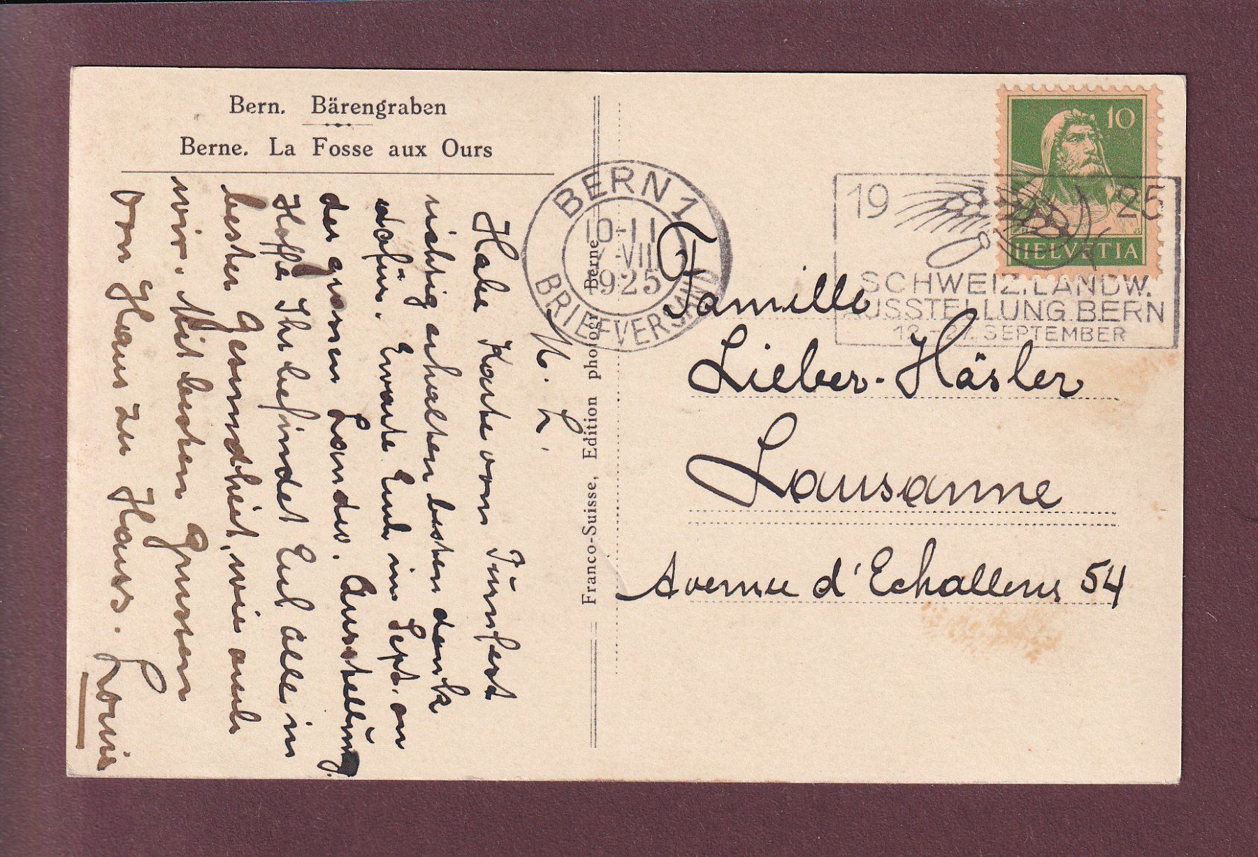 Cartoline postali: BERN - Bärengraben - 1925 – Usato da Pully venduto da nicecards 1
