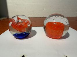 2 Glass Paperweights Floral and Orb Design