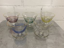 6 Dessert-Gläser, Eis-Glas, Sommer-Farben, Goldrand!