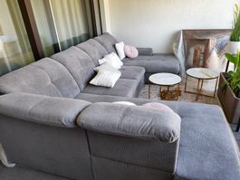 Wohnlandschaft mit Bettfunktion grau Stoff U-Form 