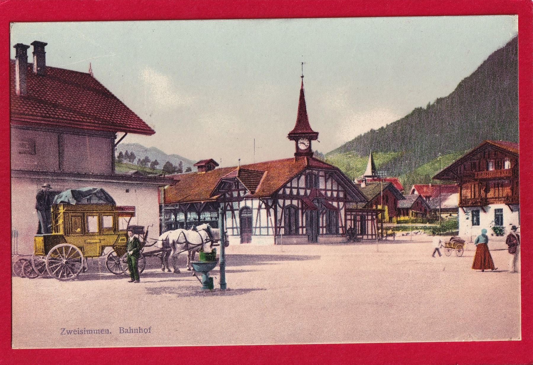 Cartoline postali: AK ZWEISIMMEN BAHNHOF POSTKUTSCHE – Usato da Grüningen venduto da Kartensammler