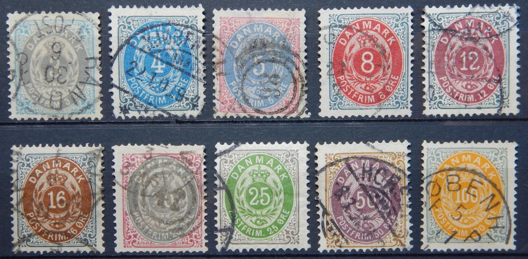 Tutti i francobolli: Dänemark Kat. 22-31 gest. 1875 Kat. 150 Euro – Usato da Zürich venduto da Muehlekauf