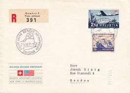 1947: Swissair Nr. F42+ auf Erstflug-R-Brief, Genf-New York