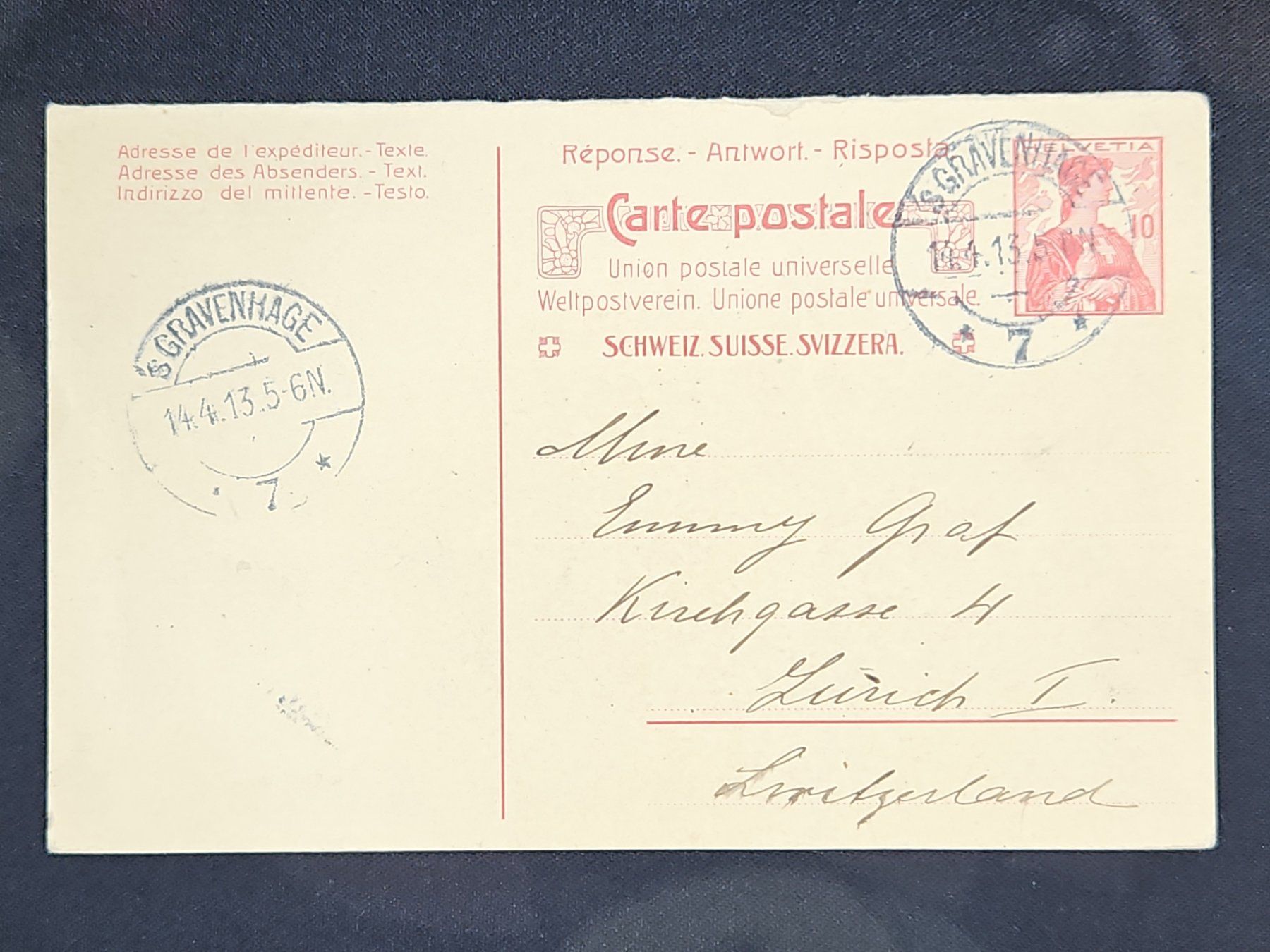 Tutti i francobolli: CL23 Carte Postale + Timbre Suisse 1913 – Usato da Cousset venduto da Patrick_Collections